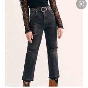 Free People Lita Light Black Distressed Straight Leg Cropped Jeans Size 24 NWT